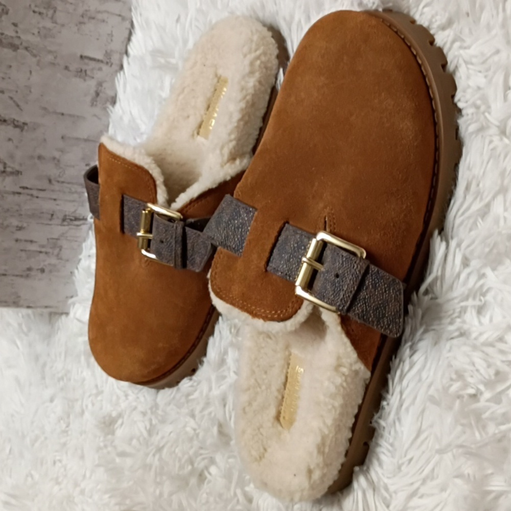 New Michael Kors Judd Brown Suede Mules Shearling Lined Lug Soles Size 7 - Picture 10 of 15